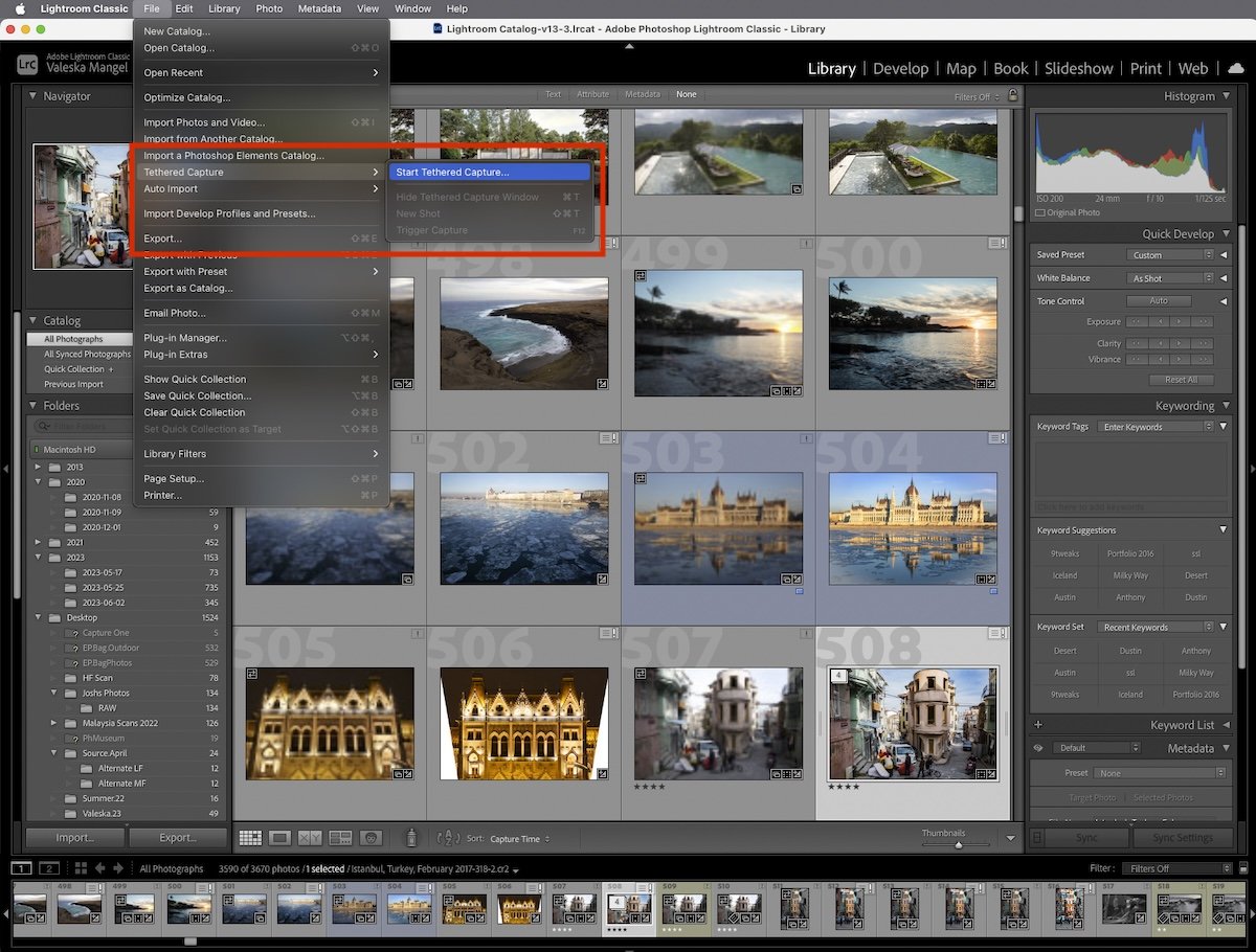 screenshot of lightroom showing how to start a tethered capture session