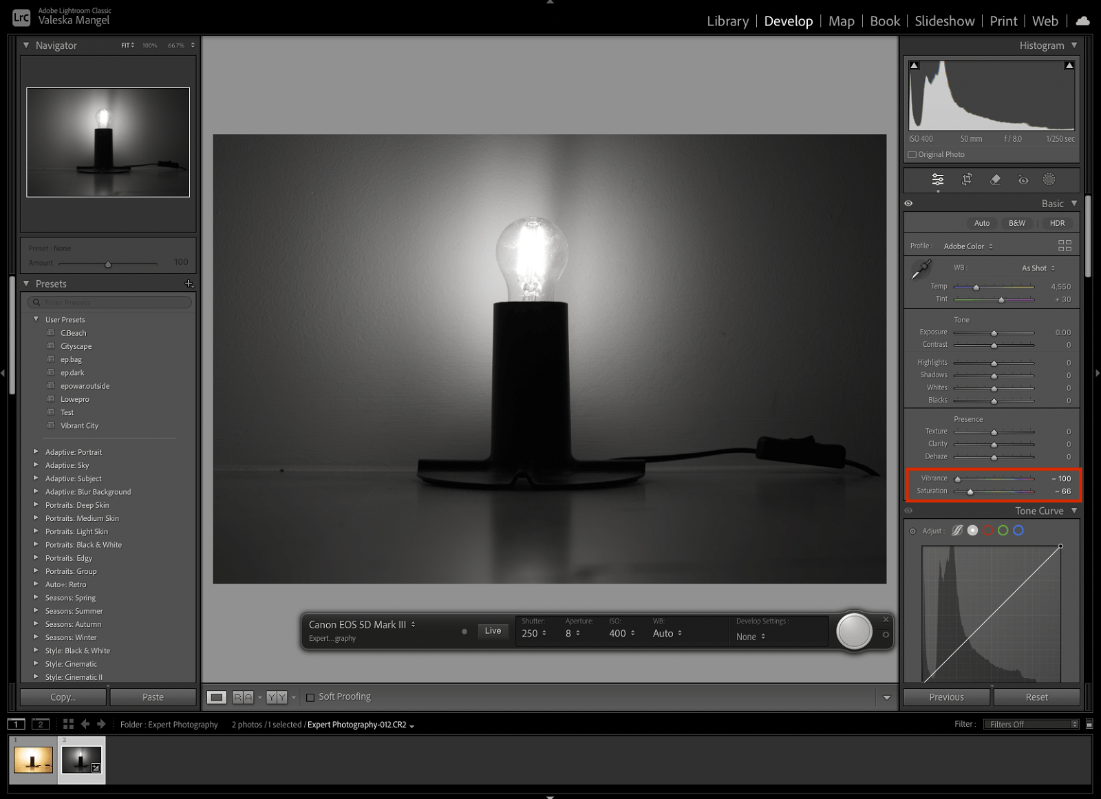 screenshot of lightroom tethered capture adjusting an image during shoot
