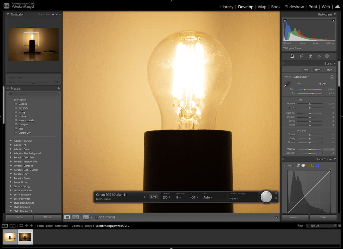 photography of lightbulb zoomed in on lightroom tethered capture