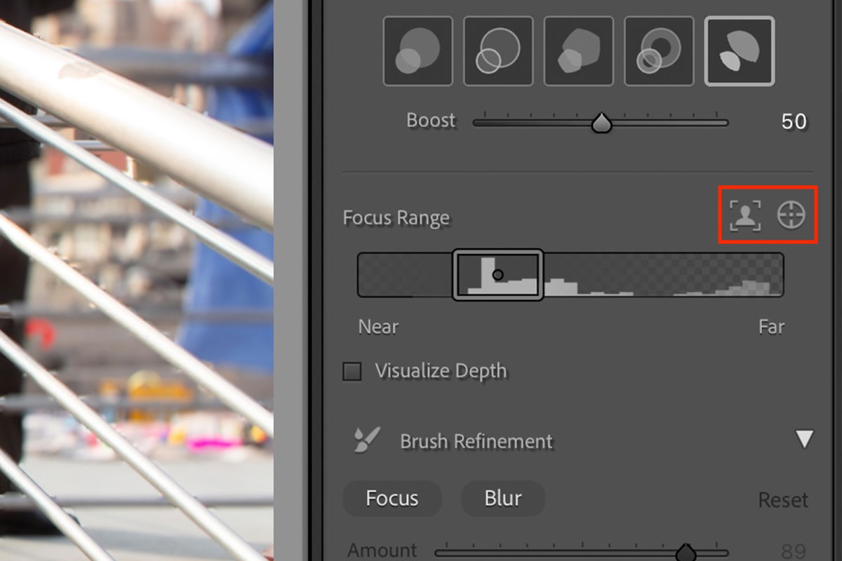 screenshot of lightroom lens blur selection options