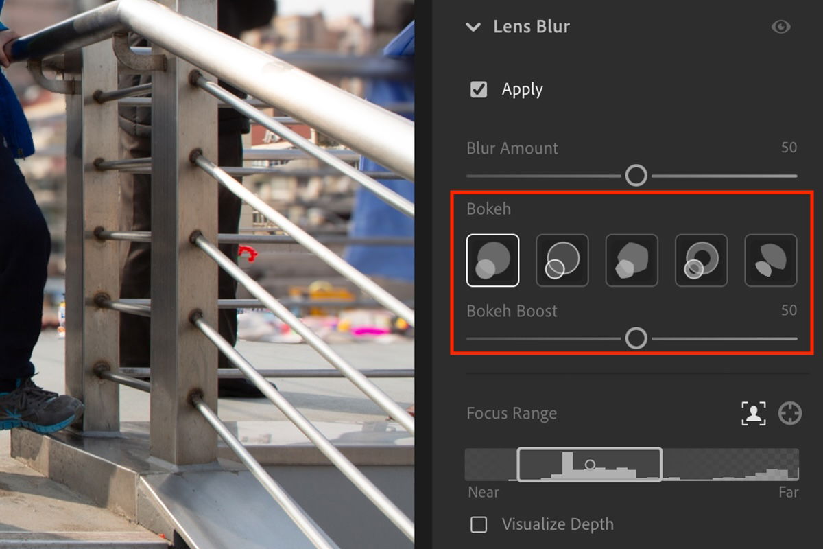 screenshot of lightroom lens blur simulation options