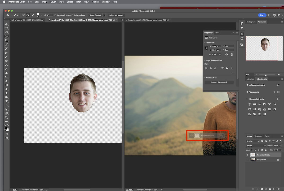 screenshot of two images open in photoshop