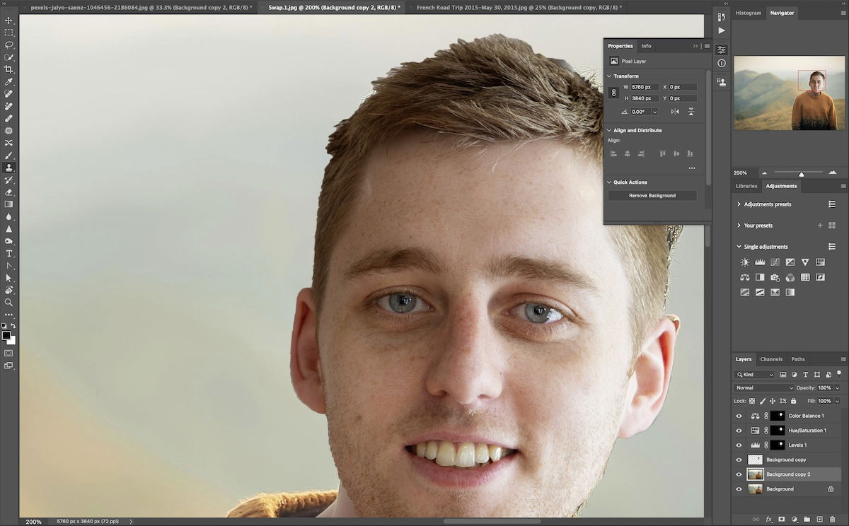 zoom in of screenshot of face swap in photoshop