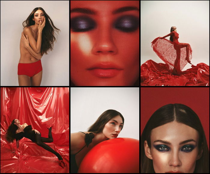 Six images of a woman in red