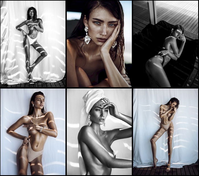 Six images of a woman in varying degrees of nakedness