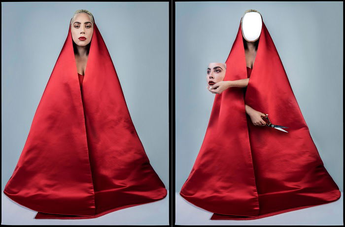 Two images of Lady Gaga in a red cloak