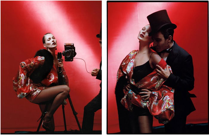 Two shots of woman against a red backdrop