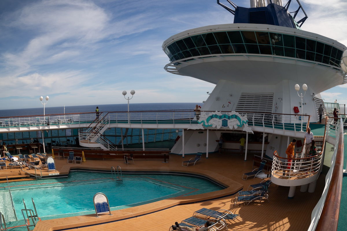 photograph of the top of a cruise ship warped
