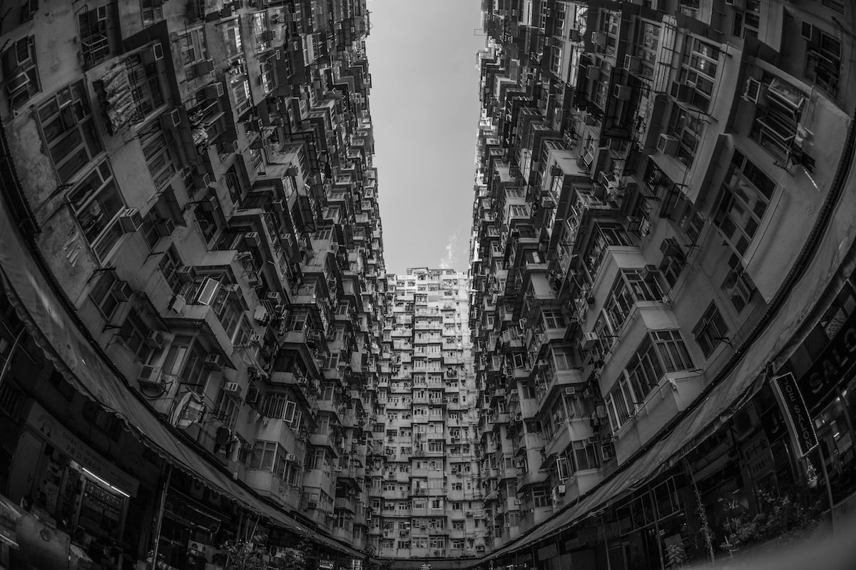 black and white fisheye photograph of buildings