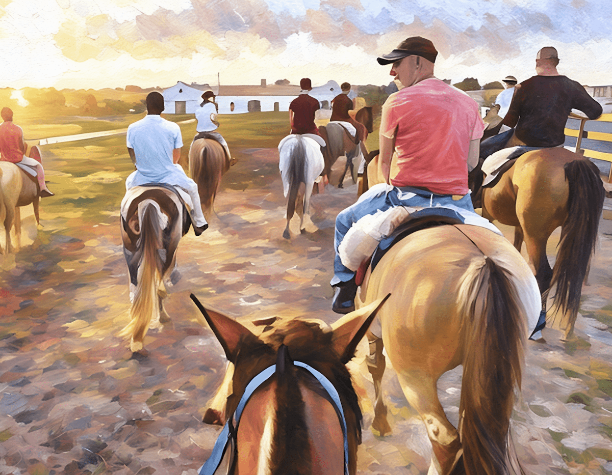 photo of people on a horse ride during sunset turned into a painting