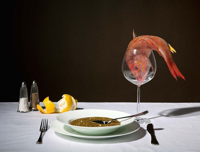 Restaurant placing with glass with fish in it