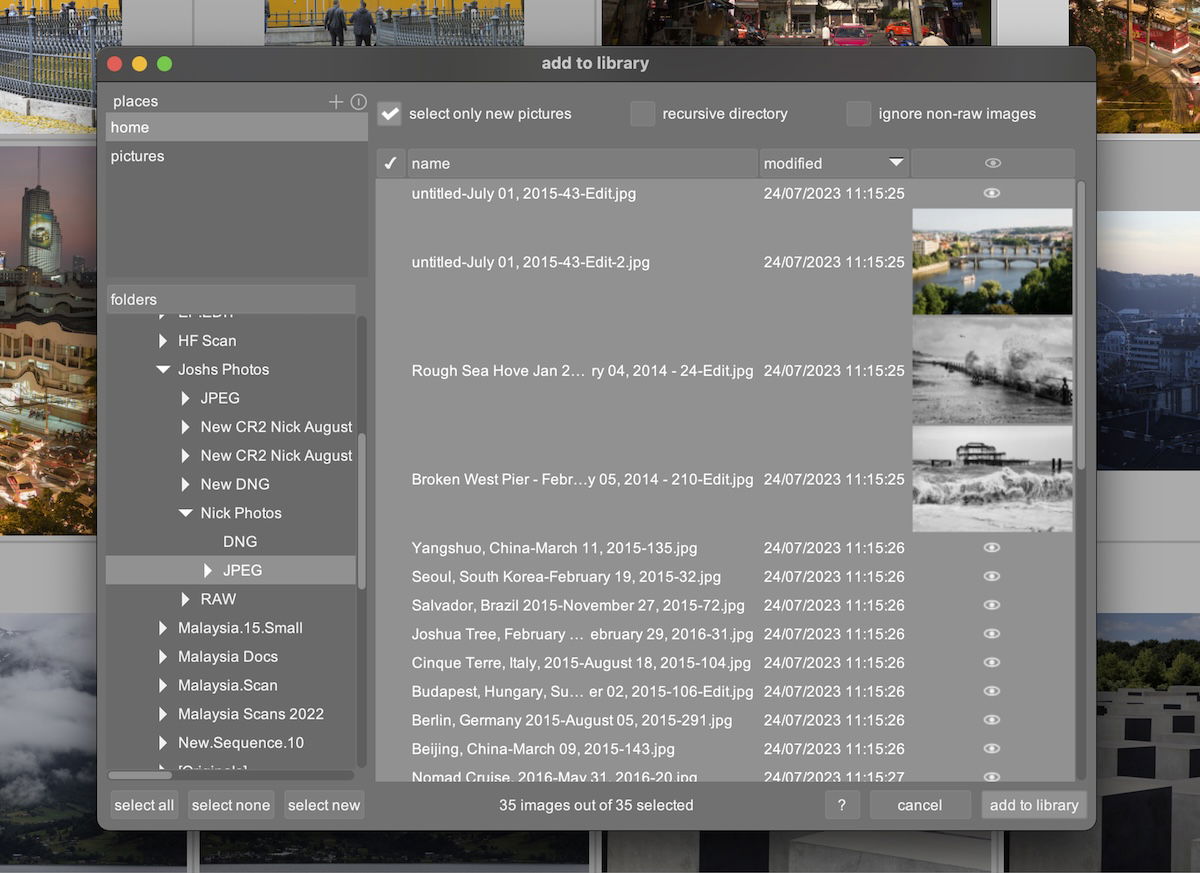 screenshot of darktable import interface