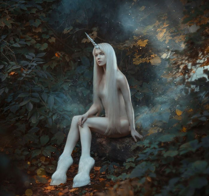 Unicorn woman with long white hair