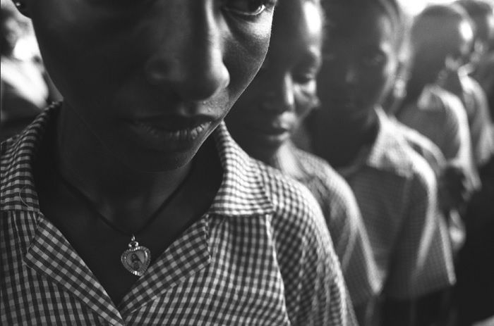 Close up of teenagers in a single-file line