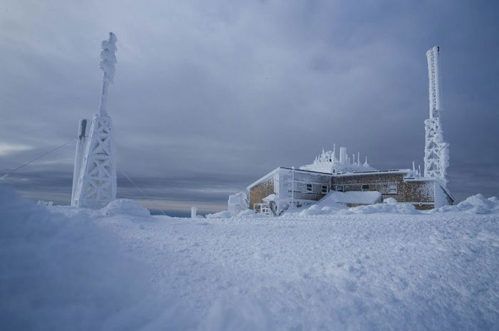 Frozen station in arctic landscape