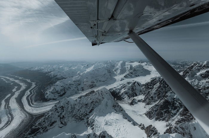 Aeroplane view of arctic landscape