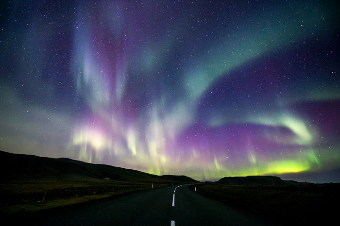 Aurora borealis seen from road