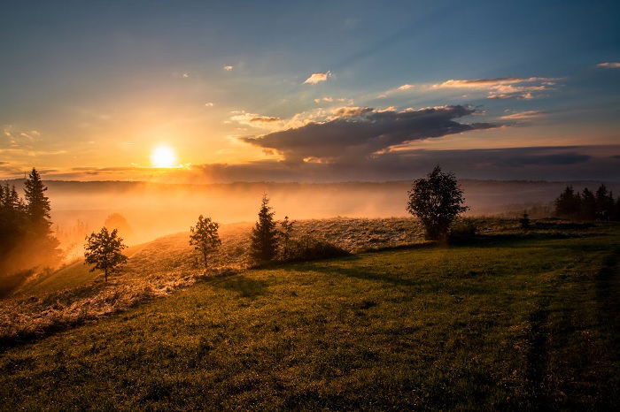 Sun setting over green hills with some trees