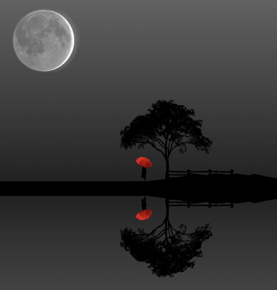 photo composite of person holding red umbrella under tree with moon in distance